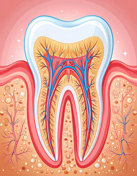 Tooth cross section showing enamel dentin pulp and root in dental educational diagram generative AI