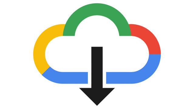 Colorful abstract cloud icon with a black downward arrow symbolizing cloud computing download, vector graphic illustration on white background suitable for tech web sites.