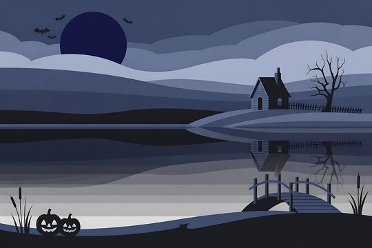 Spooky landscape with a haunted house and full moon on a dark cloudy night