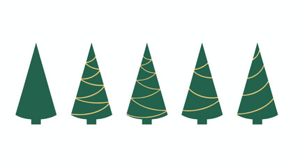Fototapeta premium Row of five green christmas pine trees decorated with simple gold spiral strings on a plain white background.