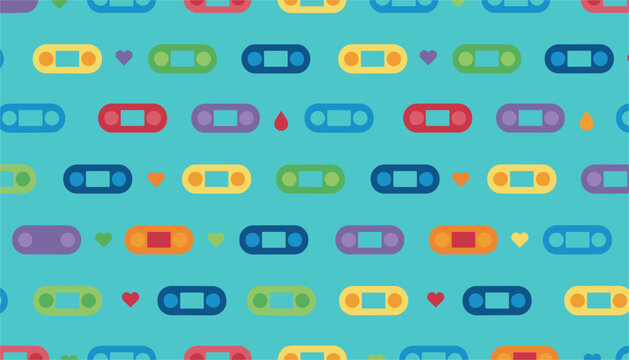 Cute seamless medical pattern of colorful adhesive bandages and small hearts on a bright teal background.