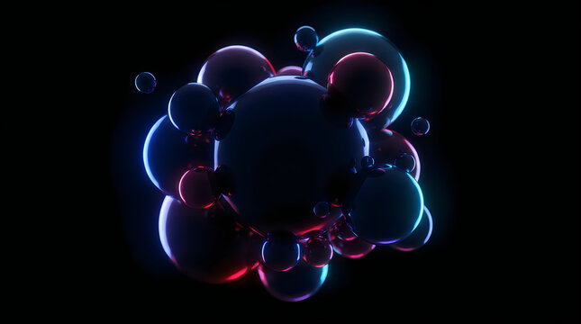 Colorful soap bubbles floating in dark space with glowing light effects