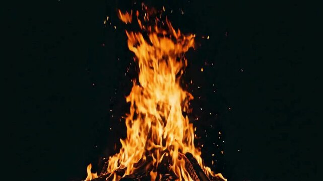 Vibrant orange flames dance and flicker against a deep black background, creating a mesmerizing visual spectacle