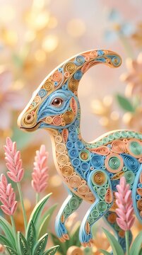 Vibrant Paper Quilling Parasaurolophus Crested Dinosaur Art