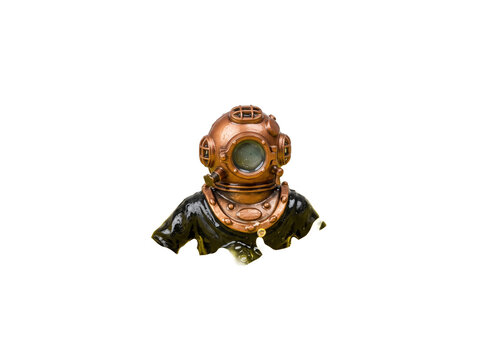 Vintage diving helmet bronze scuba suit emerging from liquid slime on black background, antique brass deep sea diver equipment, steampunk nautical object isolated studio portrait design element.