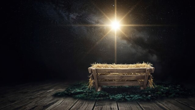 A wooden manger filled with straw sits under a bright star in a night sky. Ideal for Christmas religious themes and nativity celebration concepts.