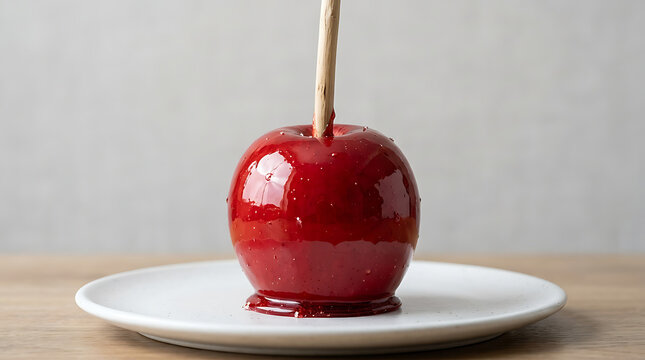 Candy apple glazed in red syrup sits on a white plate on a wooden table.