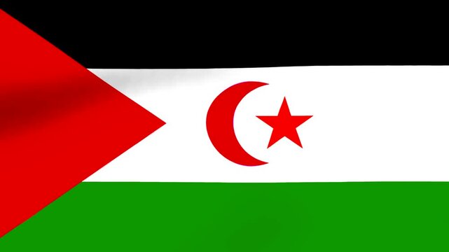 Waving flag of Western Sahara with black white and green stripes and red crescent and star