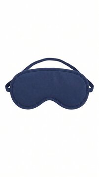 A navy blue textile sleep mask with elastic band. Promotes deep relaxation and better sleep quality by blocking light. Ideal for travel, home use, and wellness marketing.