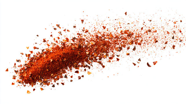 Explosion of crushed red chili pepper flakes and powder on white background with seasoning, culinary.