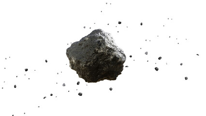 Dark rough meteorite flying through space with small rocks isolated on black © Raihan