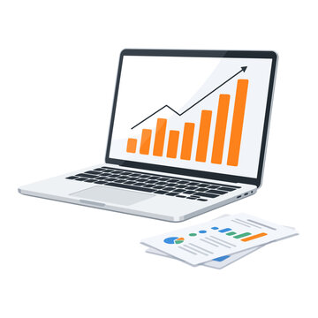 Laptop showing business growth chart isolated on white background