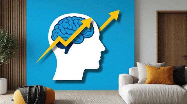 White human head silhouette with blue brain, yellow arrow pointing up. Concept of mental growth, intelligence, success, business progress. Abstract illustration of cognitive development, learning,