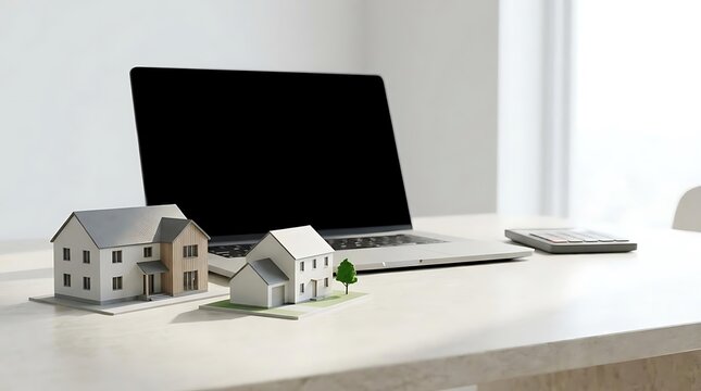Desktop setup with small house models and a laptop computer showing the concept of a 1031 exchange for real estate investment and tax deferral planning