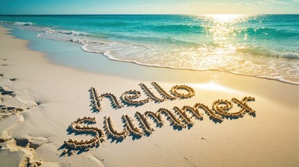 Fototapeta premium Hello Summer message written in wet beach sand. Turquoise ocean waves gently wash ashore under bright sunlight. Idyllic coastal scene welcomes warm season holidays.