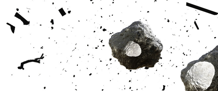 Multiple rough grey meteorites flying in deep space isolated on black background