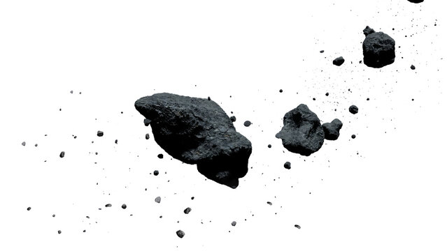 Group of large asteroids traveling through cosmos with small debris on black