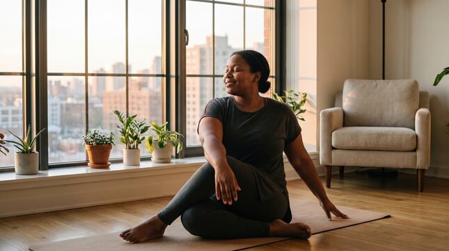 A woman performs a seated yoga twist on a mat by a large window. The atmosphere is calm and focused on health and wellness. Perfect for fitness and lifestyle content.