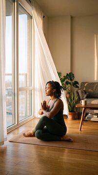 A young Black woman performs a seated yoga twist in a sunlit apartment. The scene evokes mindfulness and a peaceful morning routine. Ideal for wellness blogs and fitness lifestyle content.