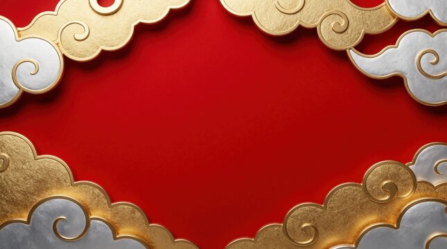 Ornate gold and silver clouds frame a vibrant red background. This decorative border offers ample copy space for festive greetings or traditional Asian celebrations like Lunar New Year.