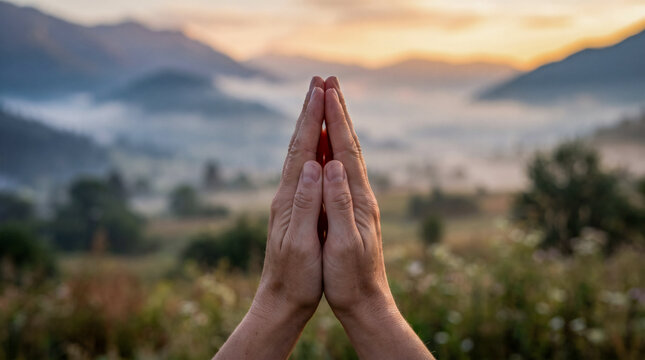 Praying hands against mountains at sunset, symbolizing faith, peace, hope, and gratitude.