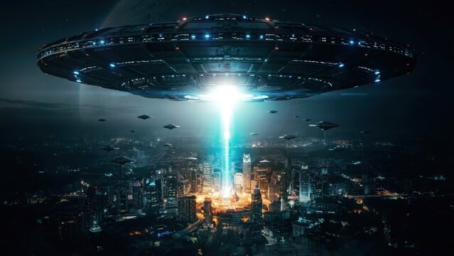 A massive alien mothership hovering over a night city with a bright energy beam. Represents science fiction invasion themes for cinematic storytelling and conceptual art.