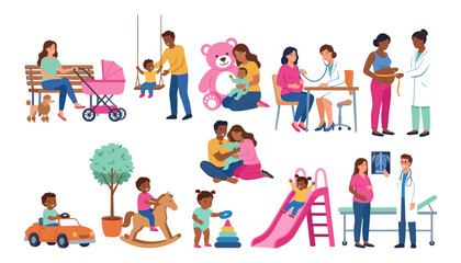 Fototapeta premium Pregnancy care and happy family vector illustration set with medical doctor checkup child play and parenting concepts
