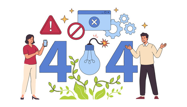 Page not found 404 error web template design with confused people bomb lightbulb icon and warning signs vector illustration