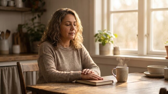 A woman sits with closed eyes at a wooden table with a book and steaming tea. The scene conveys peace, mindfulness, and healthy morning routine. Use for wellness and mental health content.