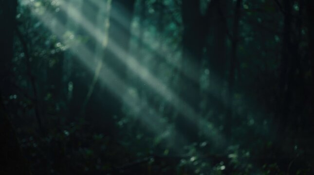 Dramatic light rays descend through a dark forest canopy creating a mystical atmosphere