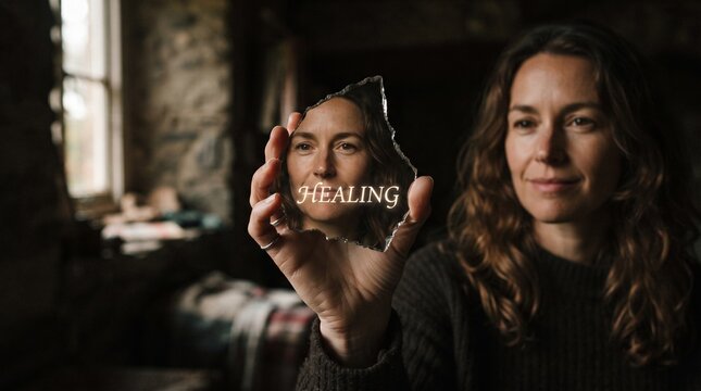 Young woman holding broken mirror shard reflecting distorted self-image in dim light