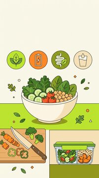 Illustration of a fresh salad bowl with meal prep elements and wellness icons representing nutrition, energy, and hydration for a healthy lifestyle.