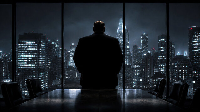 Business executive overlooking a modern city skyline from a corporate boardroom symbolizing leadership, strategy and executive decision making