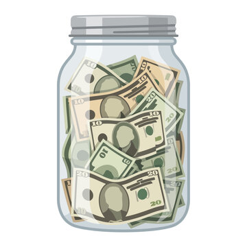 Tip jar full of money vector illustration glass savings jar filled with us dollar bills icon