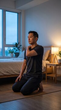 A man in athletic wear kneels on a yoga mat in a bedroom, touching his shoulder during a wellness routine at dusk.