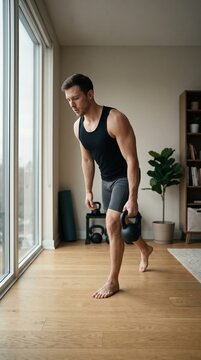 Fit man performing a single-leg kettlebell workout in a bright modern apartment for wellness and strength.