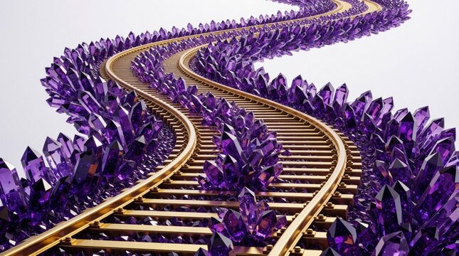 Golden train tracks curve through vast fields of sparkling amethyst crystals. A magical journey unfolds on a fantasy route. Precious gems lead to an unknown destination.