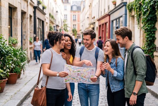 Cheerful friends exploring a city street together, sharing a map and conversation during a relaxed urban travel moment