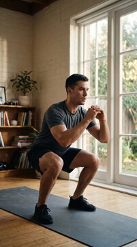 Fit man performing bodyweight squats on a mat in a bright home living room for health and wellness.