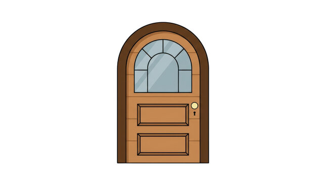 Cartoon wooden door with arched top, window, doorknob, and keyhole, isolated on transparent background