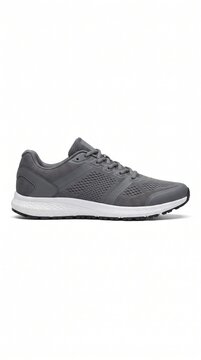 Gray athletic running shoe profile view. Represents fitness health active lifestyle. Ideal for sports apparel advertising retail wellness blogs.