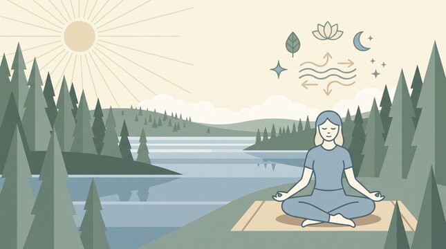 Woman practicing yoga meditation in a forest by a calm lake. Peaceful atmosphere promoting mental health and mindfulness. Ideal for wellness blogs, relaxation apps, and spiritual content.
