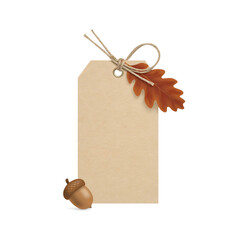 Blank paper gift tag with autumn oak leaf and acorn during fall season Isolated on transparent background © BrainRoot
