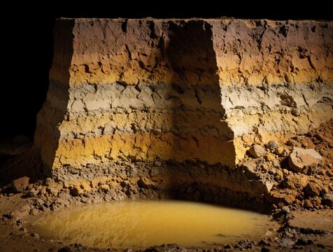 Layered soil strata show earth cross section with sediment and dry mud puddle. Ground strata reveal geological layers, history, and climate.