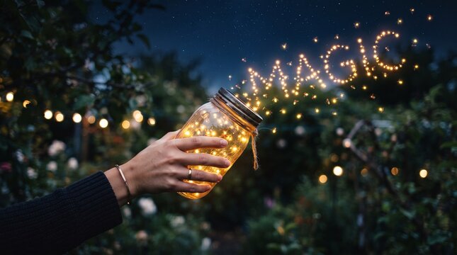 Hand releasing glowing fireflies from glass jar at dusk for magical night event
