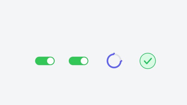 Toggle switches flipping loading spinner rotating checkmark bouncing softly flat clean light background modern generative AI