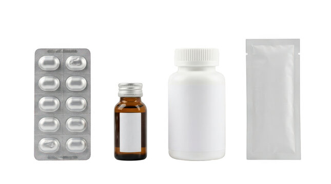 Set of pharmaceutical packaging mockups including blister pack, amber bottle, white pill jar, and sachet isolated on transparent background