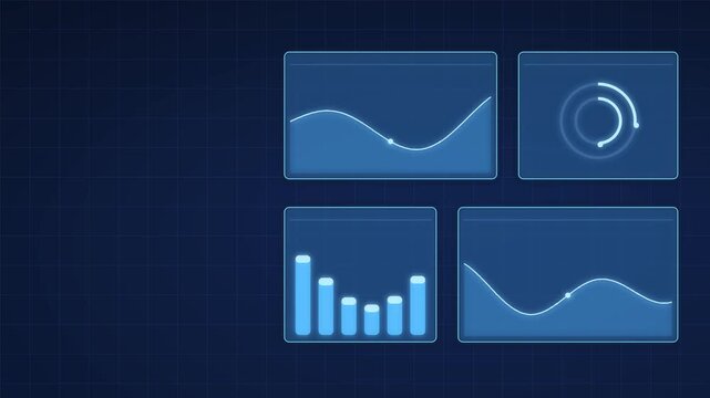 Holographic dashboard panels showing line graphs percentage counters climbing dark blue fintech interface generative AI