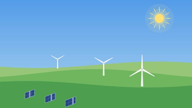 Wind turbines turning solar panels catching sunlight over green hills flat illustration bright optimistic generative AI