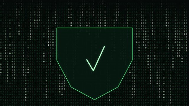 Green binary code streams falling dark screen glowing shield forming center data protection generative AI